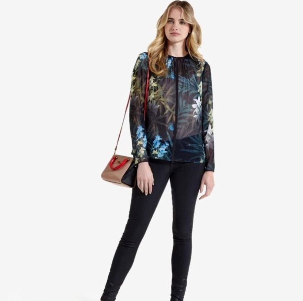 TED BAKER KEESHA Sheer Tropical Floral Chiffon Blouse Long Sleeve Size 2 / US 6